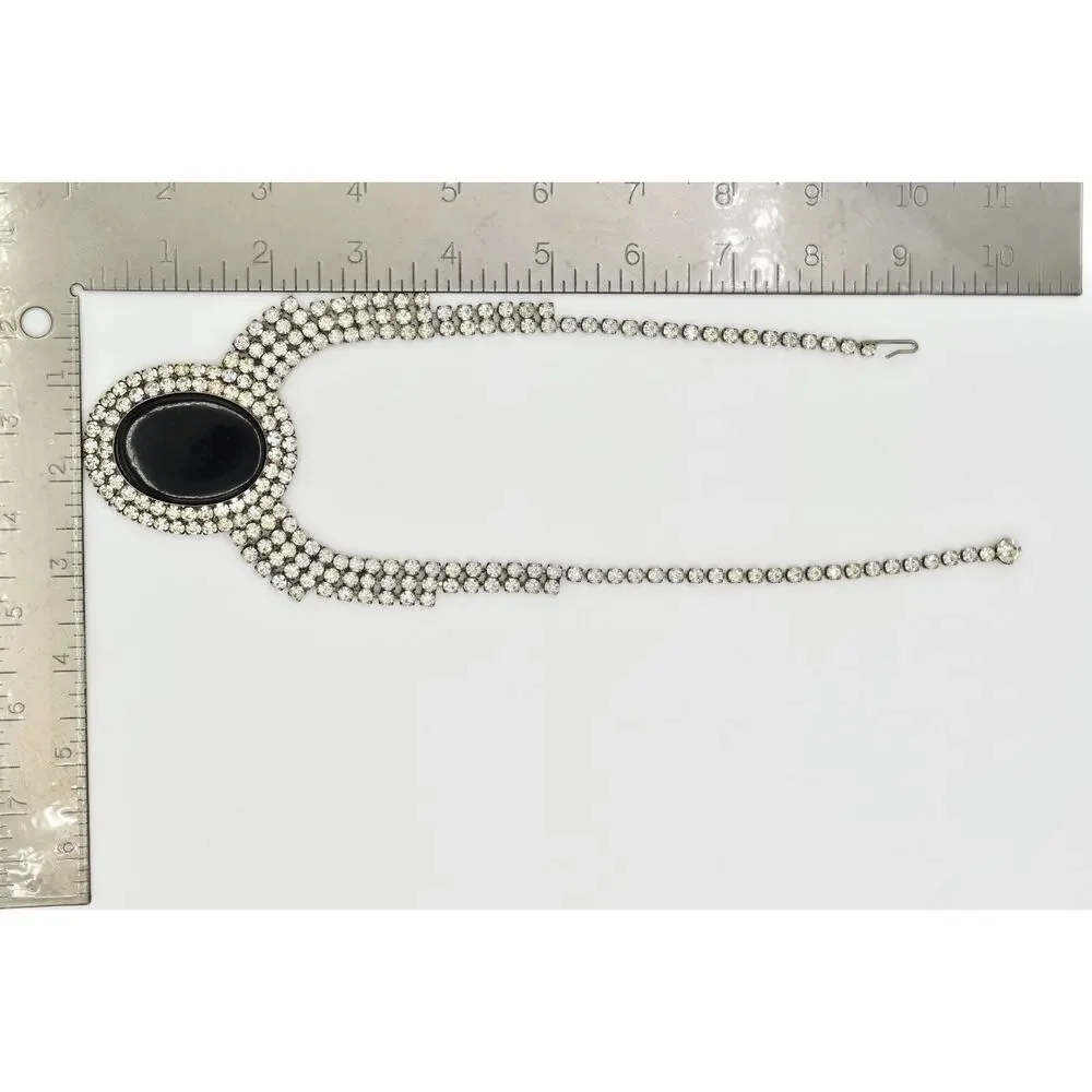 Vintage Crystal Collar Bib Necklace Prong Rhinestone Black Antiqued 1950s BinBJ